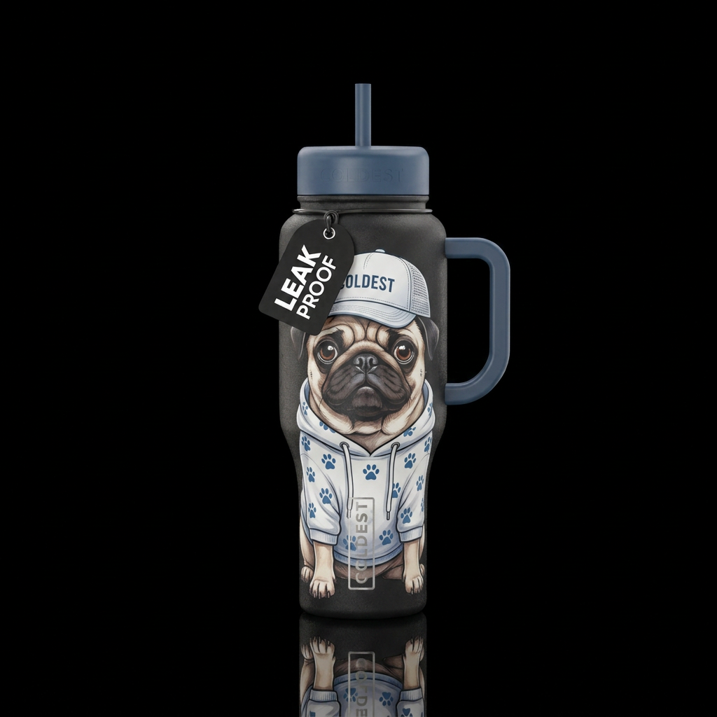 Pug with White Coldest trucker hat and white hoodi... water bottle design