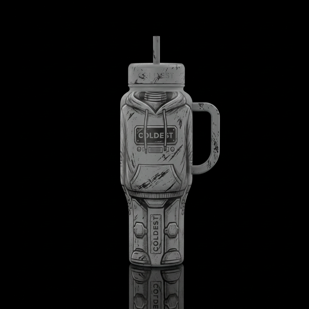 Grey Robot with scratched black paint that looks l... water bottle design