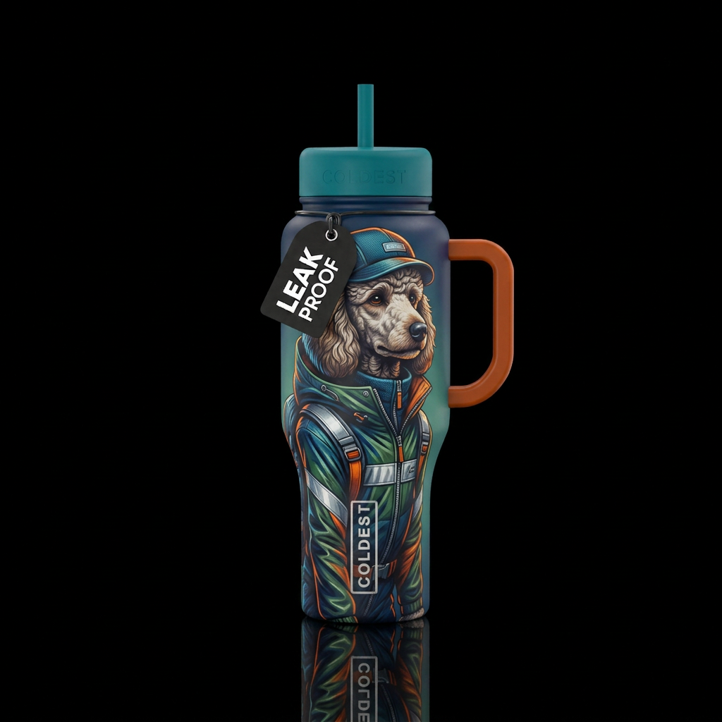 Poodle in Coldest Raingear water bottle design