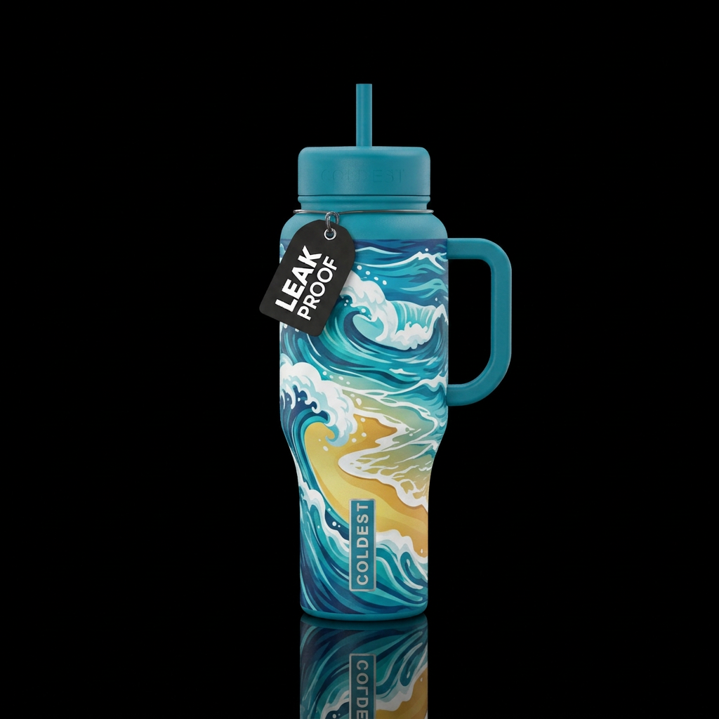 Tumbler inspired by ocean waves on the shore water bottle design