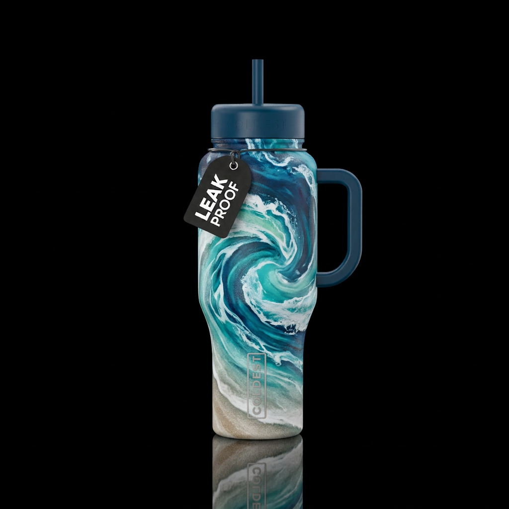 Tumbler inspired by ocean waves on the shore water bottle design