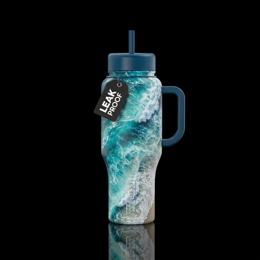 Tumbler inspired by ocean waves on the shore water bottle design