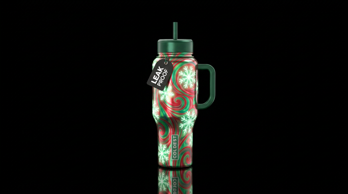 Glowy snowflakes on red and green iridescent swirl... water bottle design