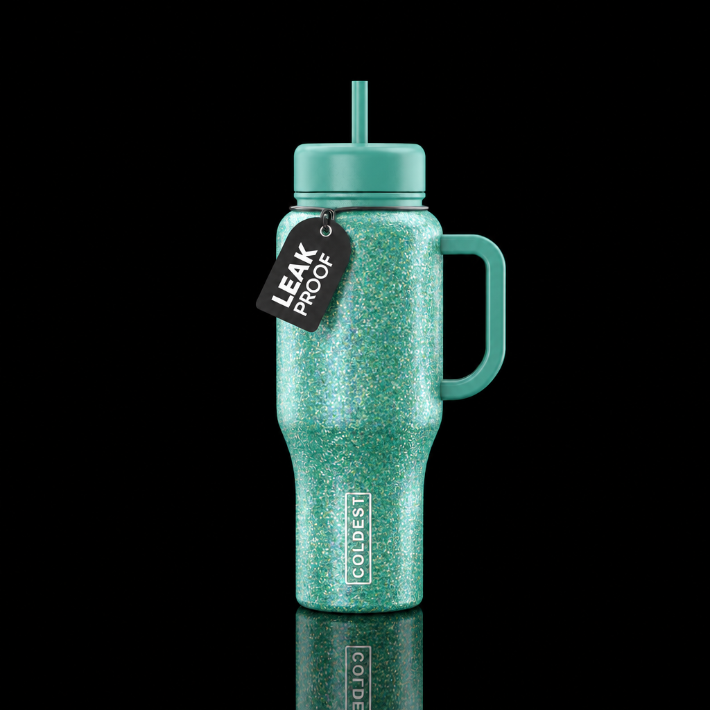 Glossy seafoam glitter water bottle design