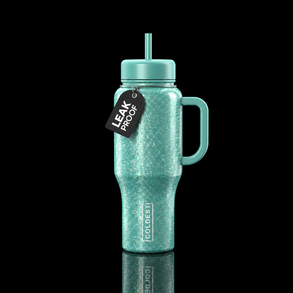 Glossy seafoam glitter water bottle design
