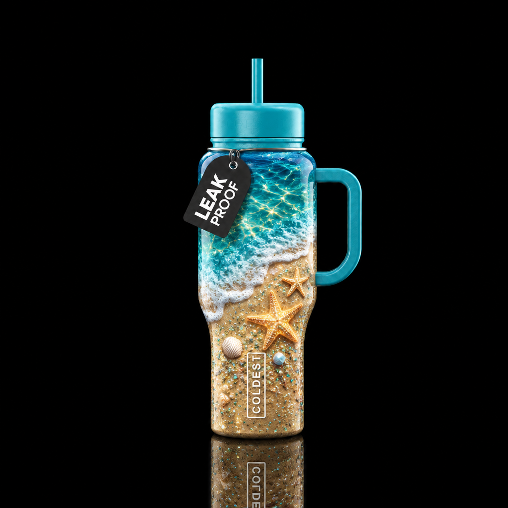 Glossy ocean beach glitter with glowy starfish in ... water bottle design