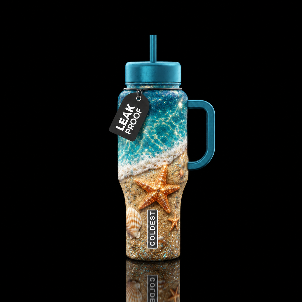 Glossy ocean beach glitter with glowy starfish in ... water bottle design