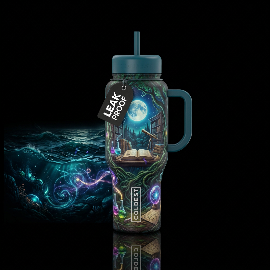 ocean, magic, darkness, scientific, moonlight water bottle design