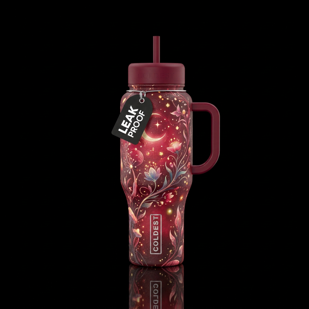crimson, shiny, realism, whimsical, magical water bottle design