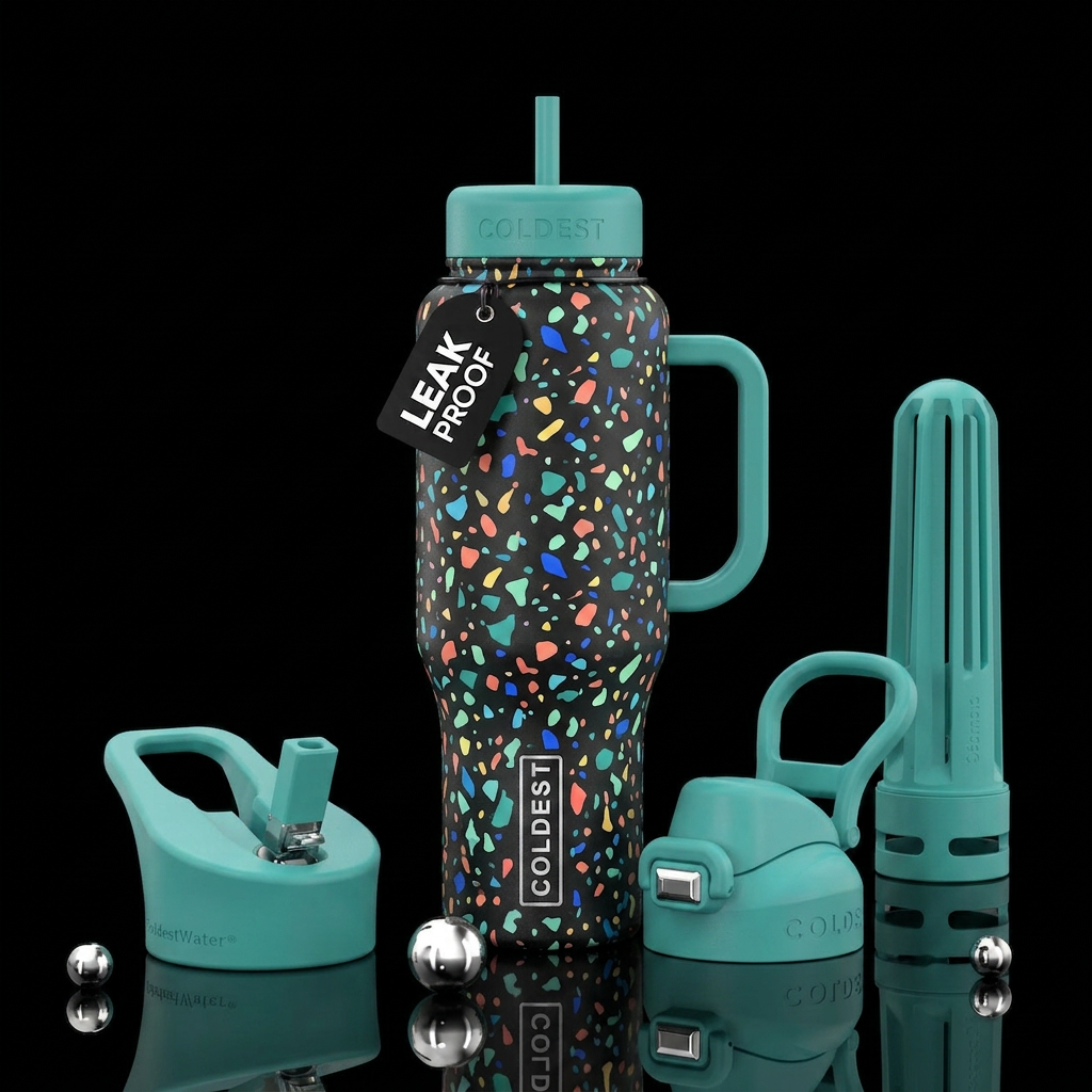 Black matte bottle, vivid terrazzo print water bottle design
