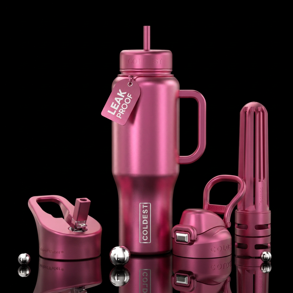 Pink Tourmaline color, satin chrome finish water bottle design