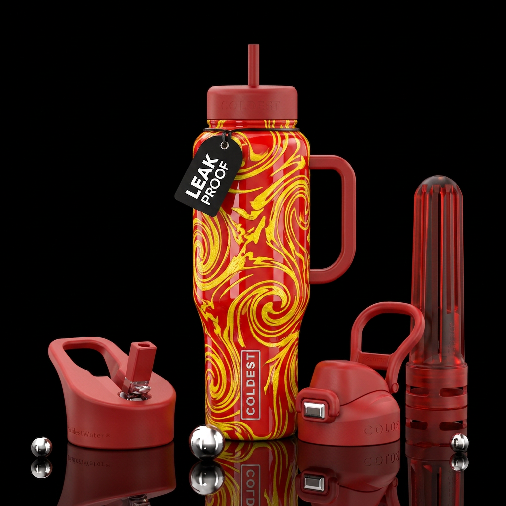 Red glossy bottle with yellow textured glossy swir... water bottle design