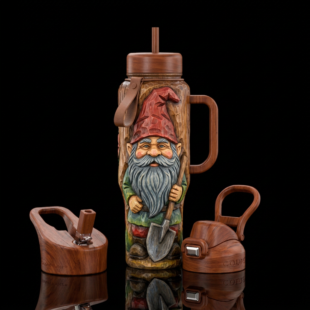 Whole bottle design of a wooden hand carved garden... water bottle design
