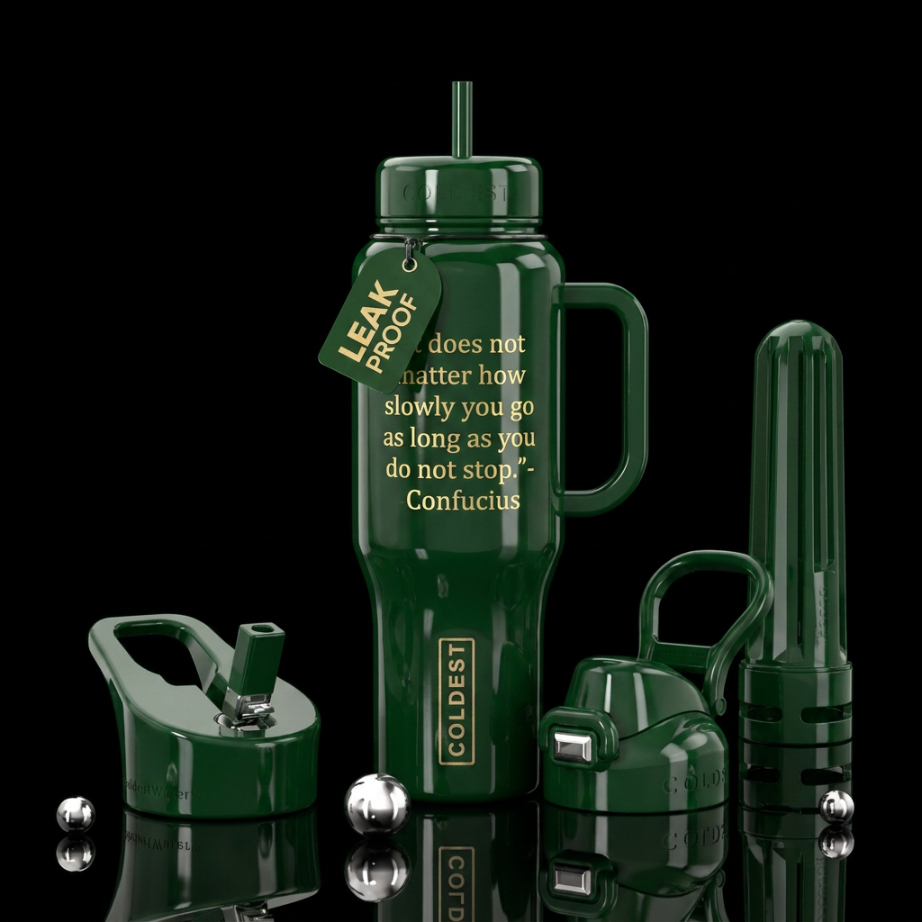 Dark green glossy bottle, engraved in gold letters... water bottle design