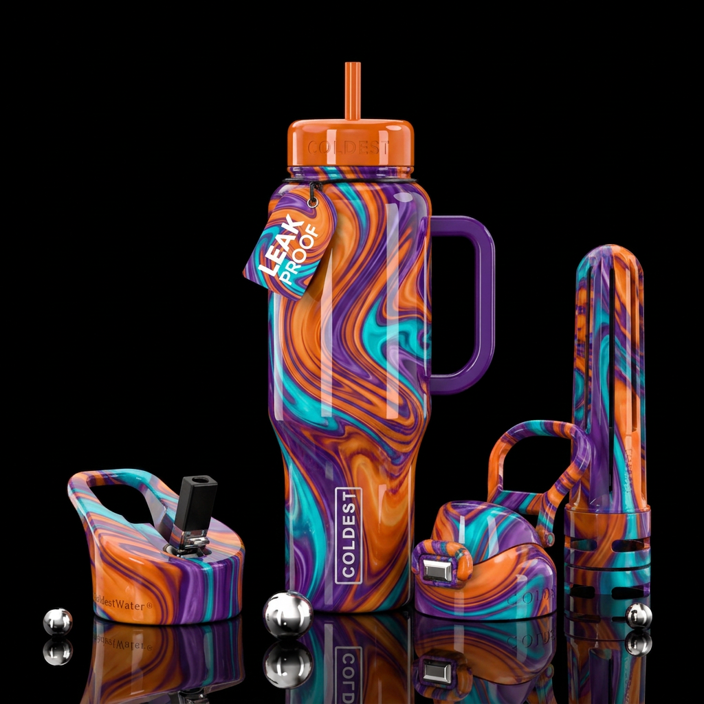 Orange,purple,turquoise,swirls,high gloss water bottle design