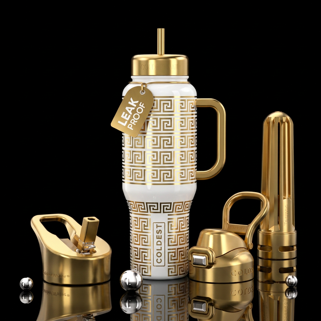 White  high gloss bottle  with metallic gold color... water bottle design