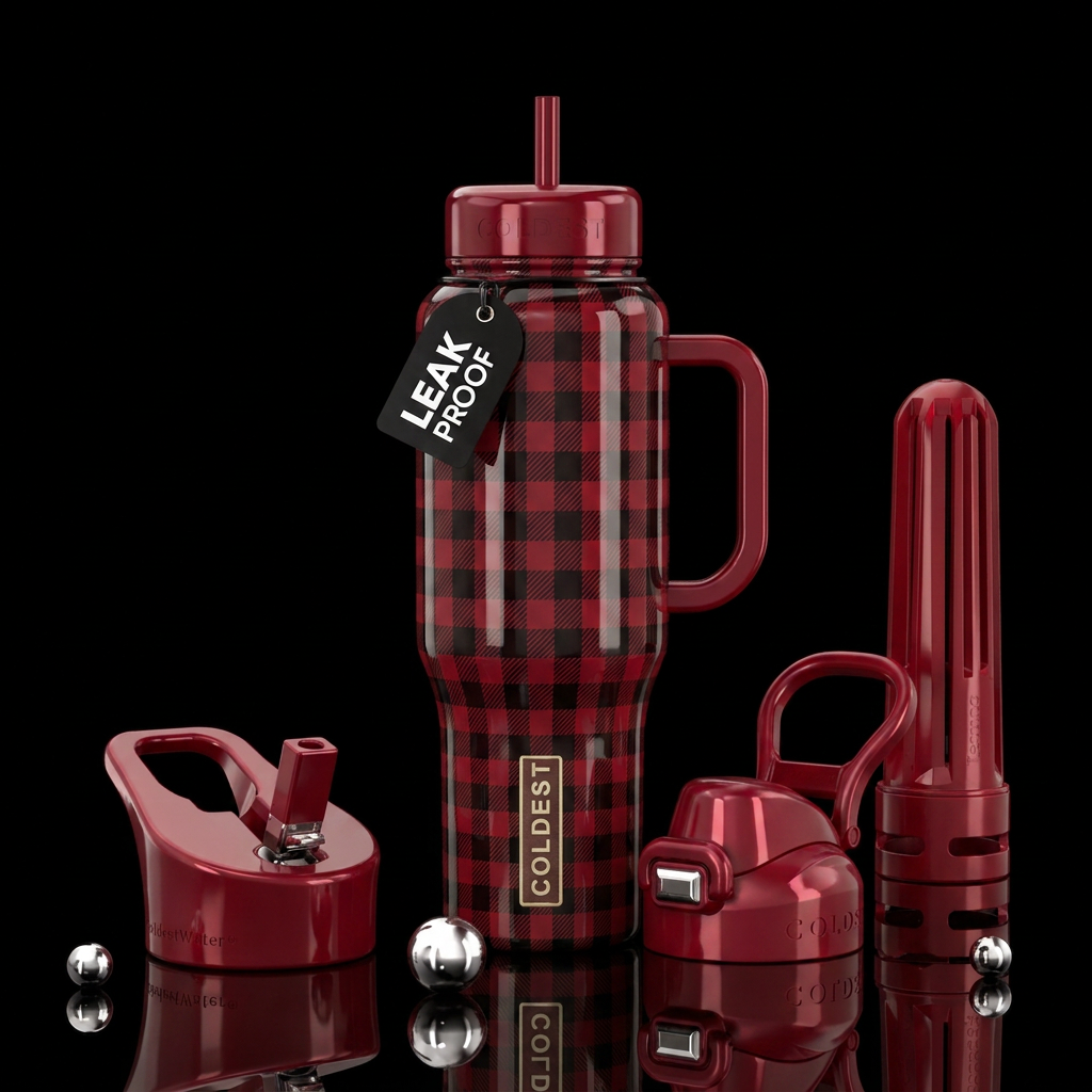 Dark red and black gingham design allover bottle,v... water bottle design