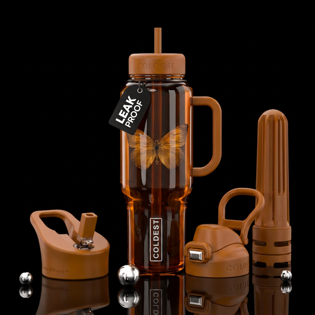 Amber with fossiled butterfly, high gloss water bottle design