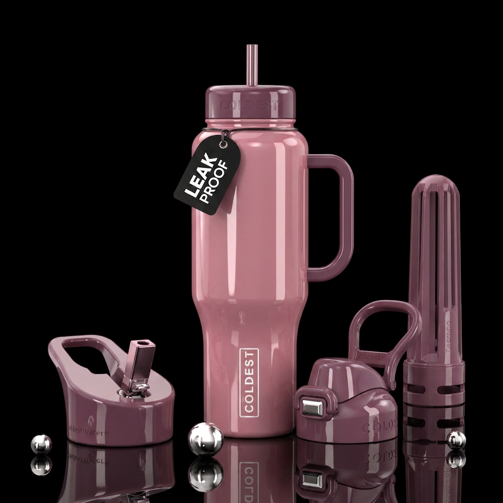 Dusty-pink bottle with mauve color top and handle,... water bottle design