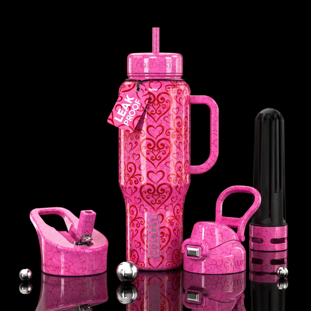 Pink high gloss bottle with red filigree hearts al... water bottle design