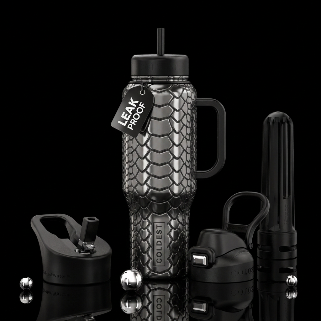 Grey and black polished metal, Armadillo skin patt... water bottle design
