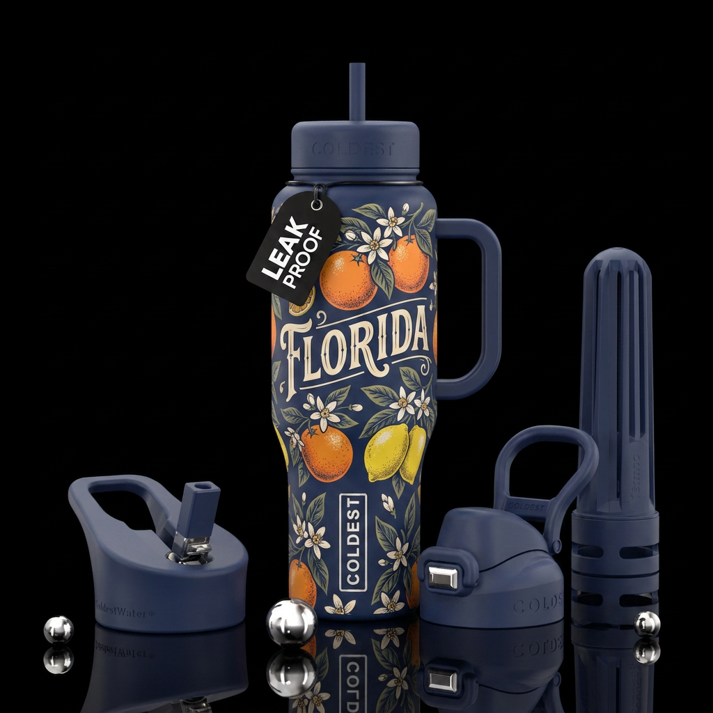 Vintage fruit crate style art, navy blue, Oranges,... water bottle design