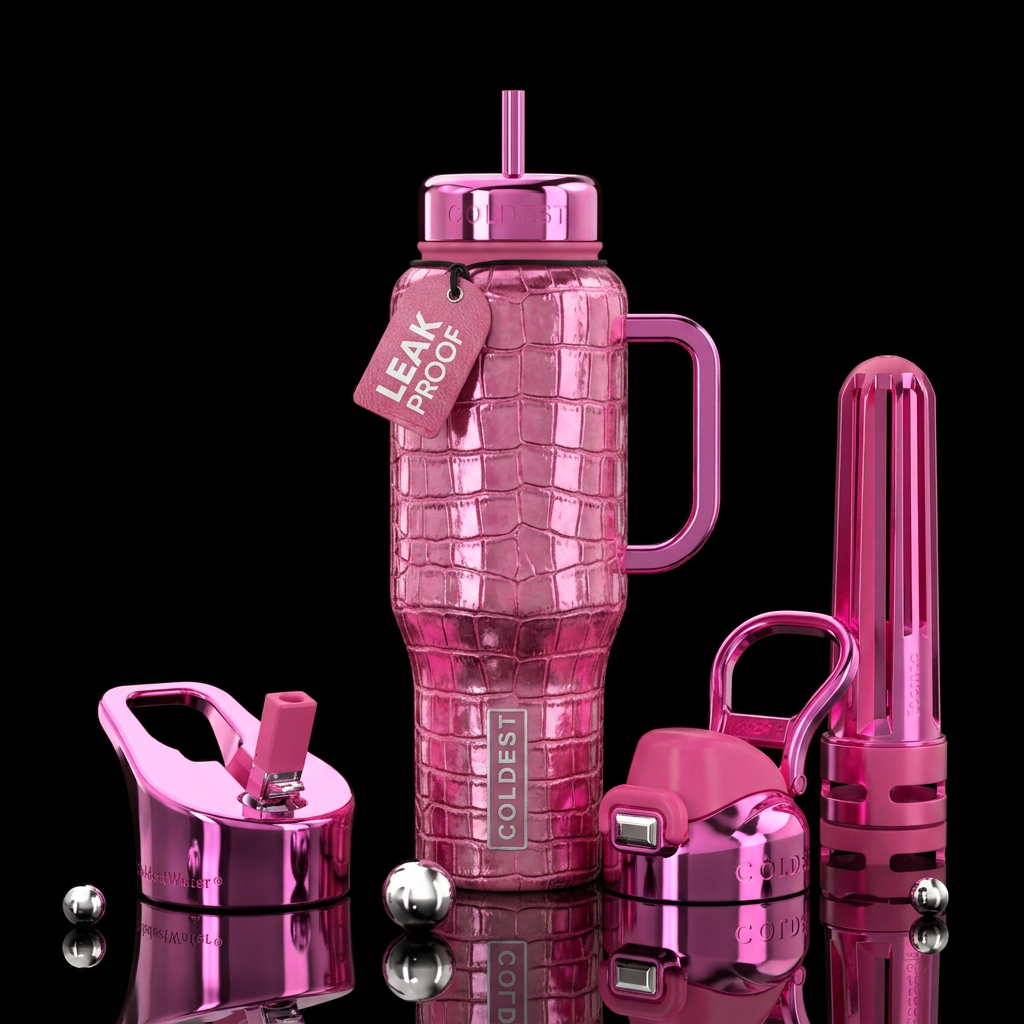 Pink dyed crocodile skin designs,pink chrome handl... water bottle design