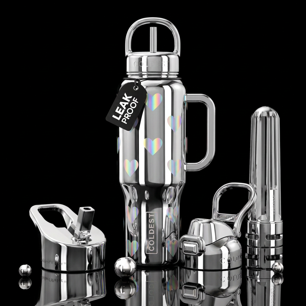 Chrome bottle with irridescent hearts,chrome handl... water bottle design