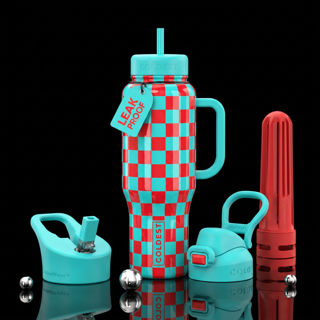 Turquoise with bright red checkered design,vivid,g... water bottle design