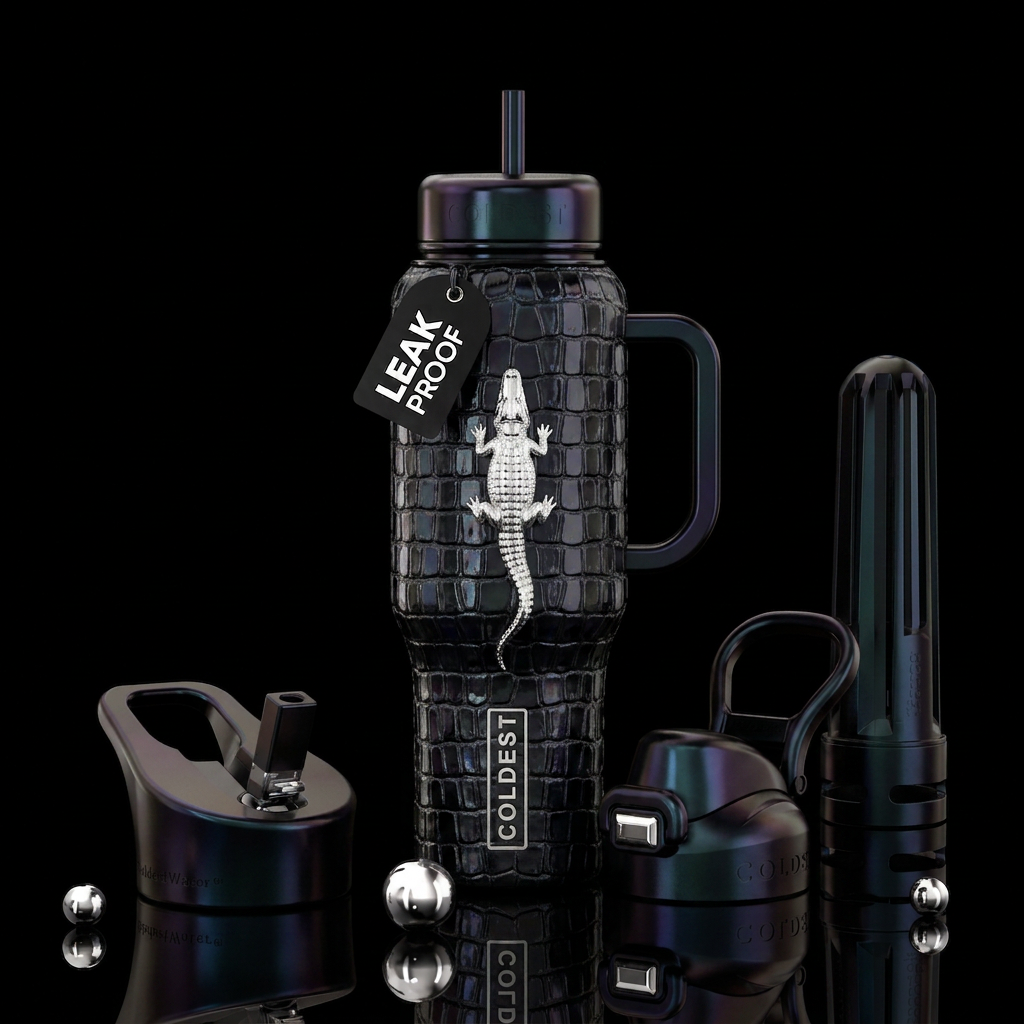 Crocodile skin pattern in irridescent black color ... water bottle design