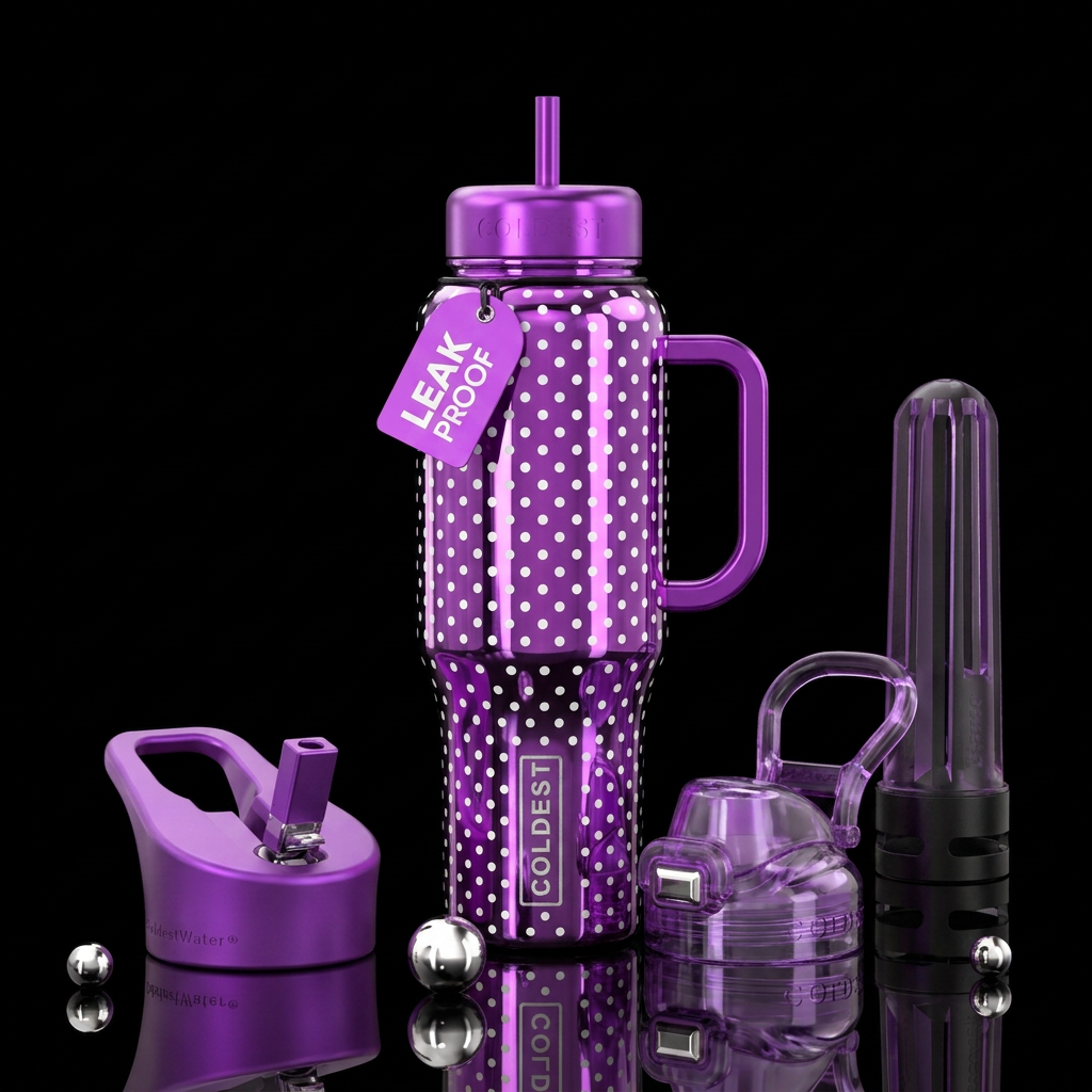 Purple chrome bottle with small white glossy polka... water bottle design