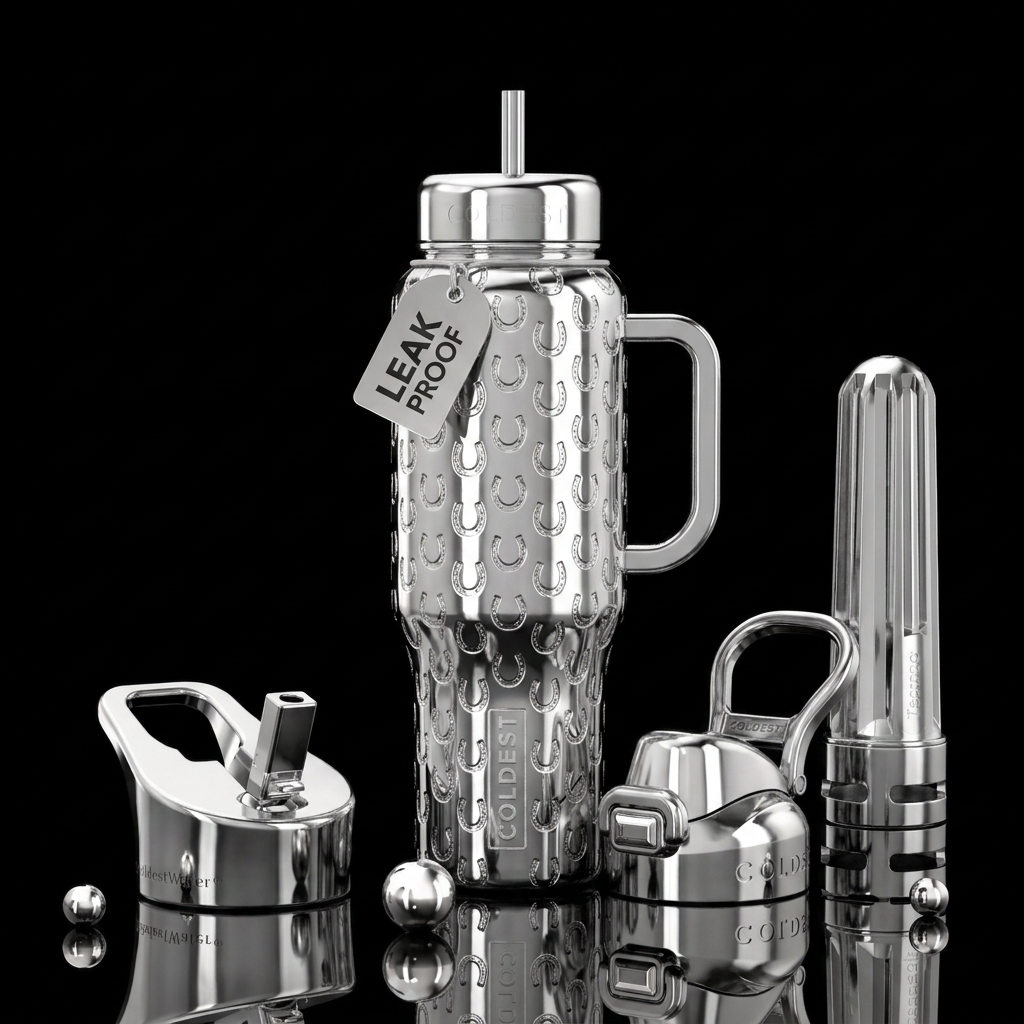 Silver chrome bottle with small embossed horseshoe... water bottle design