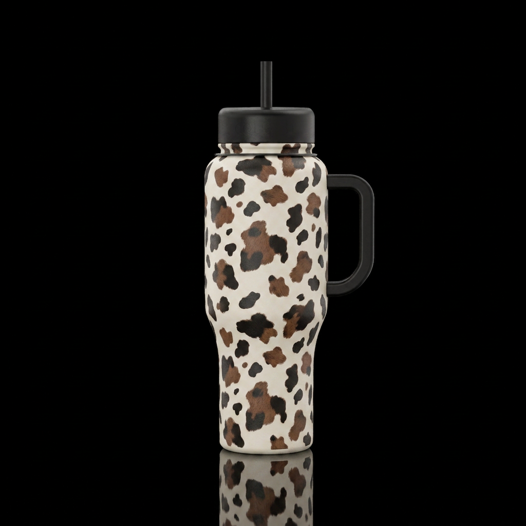 Ecru colored bottle with brown and black cow print... water bottle design