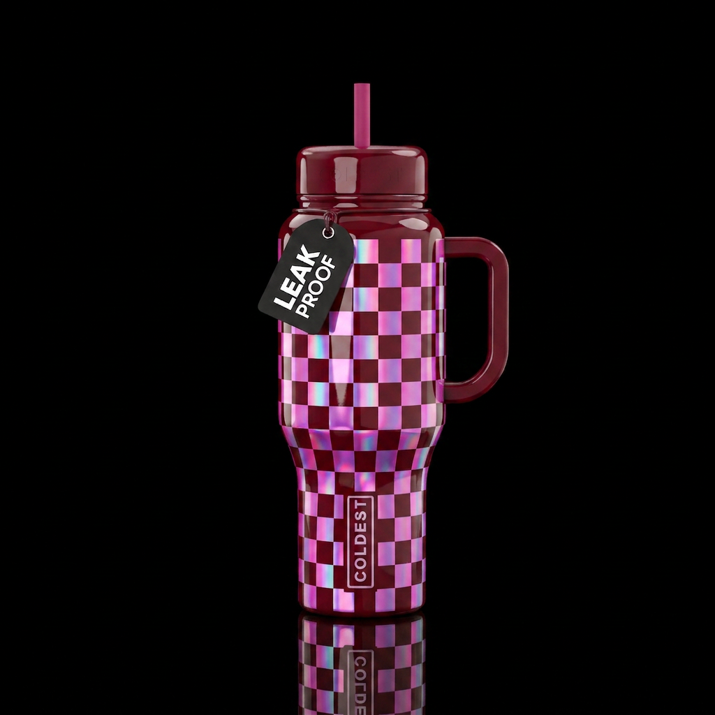 Dark red  bottle color,fushia holographic checkers... water bottle design
