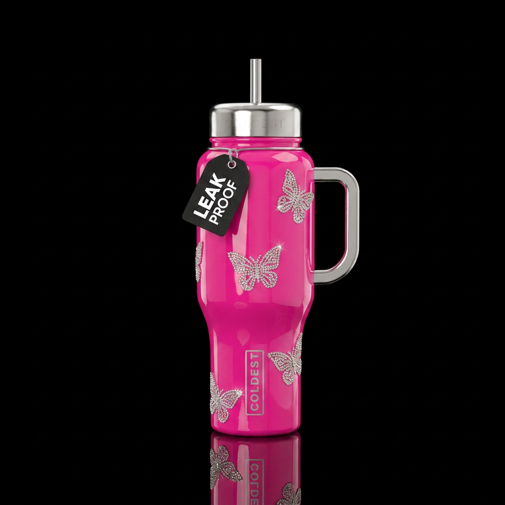 Hot pink bottle with metallic silver handle and to... water bottle design