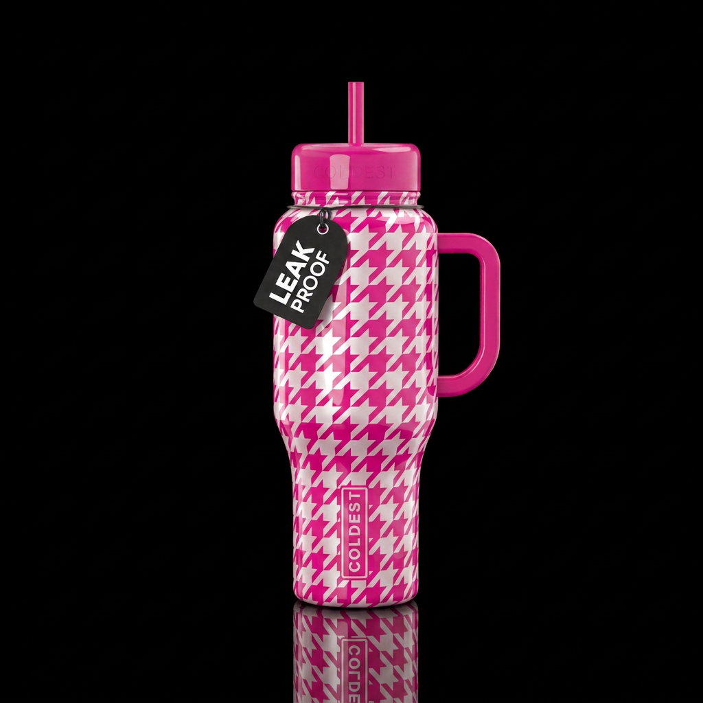 Houndstooth pattern in hot pink and pearly white,h... water bottle design