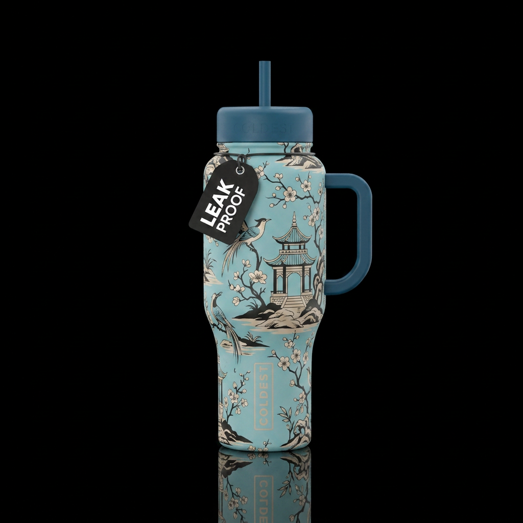 Chinoiserie pattern in robin blue,beige,matte water bottle design