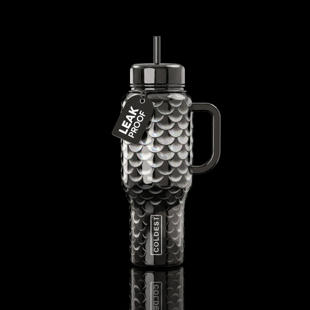 Arowana pattern metallic black and pearlescent whi... water bottle design