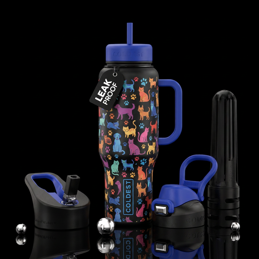 Cats and dogs and paw prints water bottle design