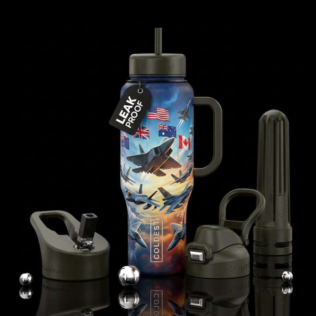 Military, flags, pilot planes water bottle design
