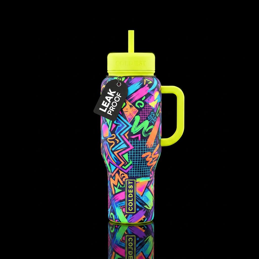 I would like to create a neon all 80s glow in the ... water bottle design