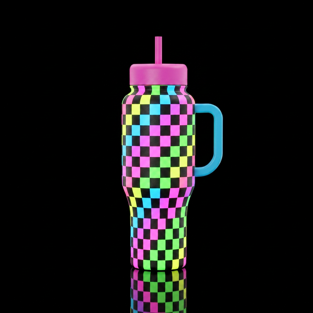 I want you to create a neon 80s checkerboard all o... water bottle design