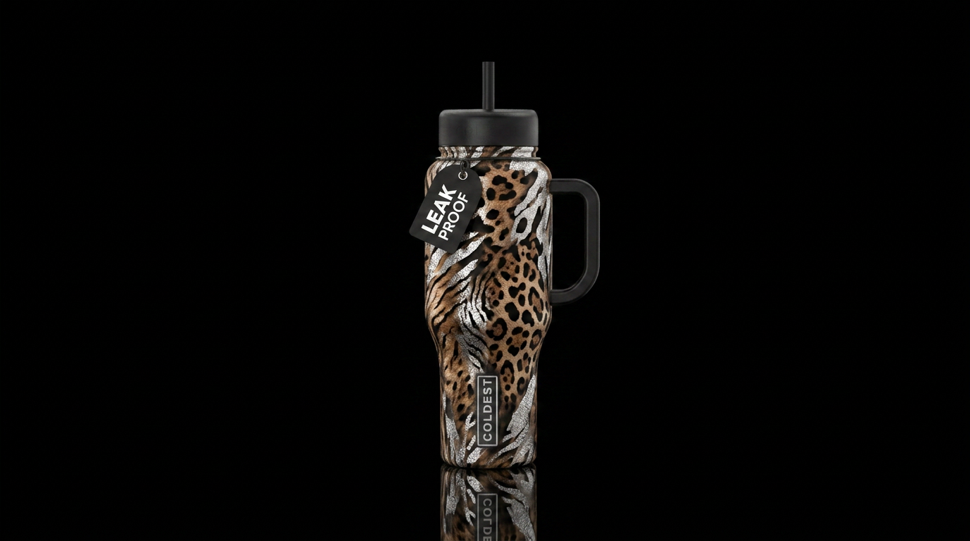 I need a really pretty brown and black leopard pri... water bottle design
