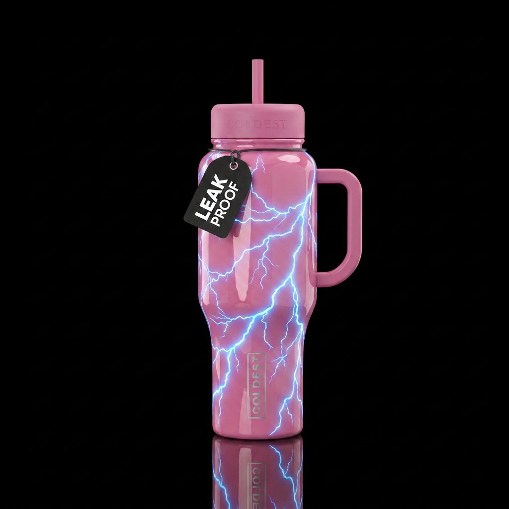 Can you create a shiny pink with only blue glow li... water bottle design