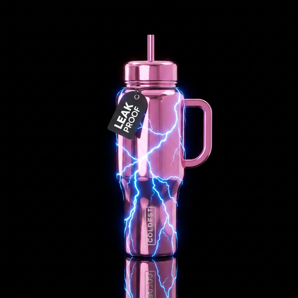 Can you create a shiny pink with only blue glow li... water bottle design
