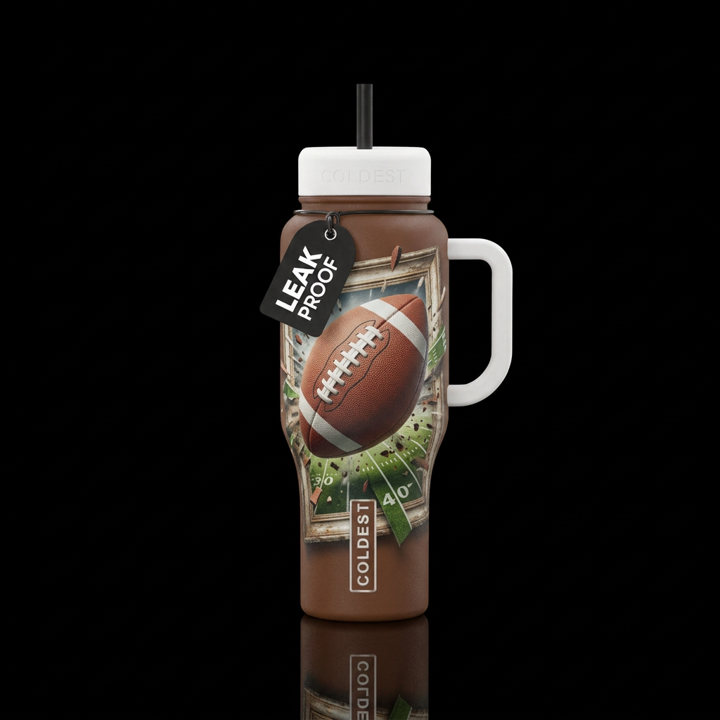 create a football laces out coming out of a pictur... water bottle design