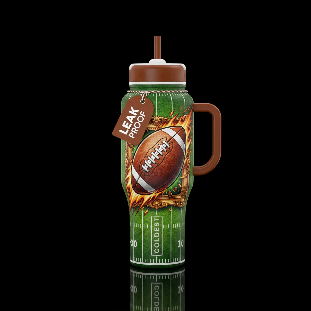 create a football laces out coming out of a pictur... water bottle design