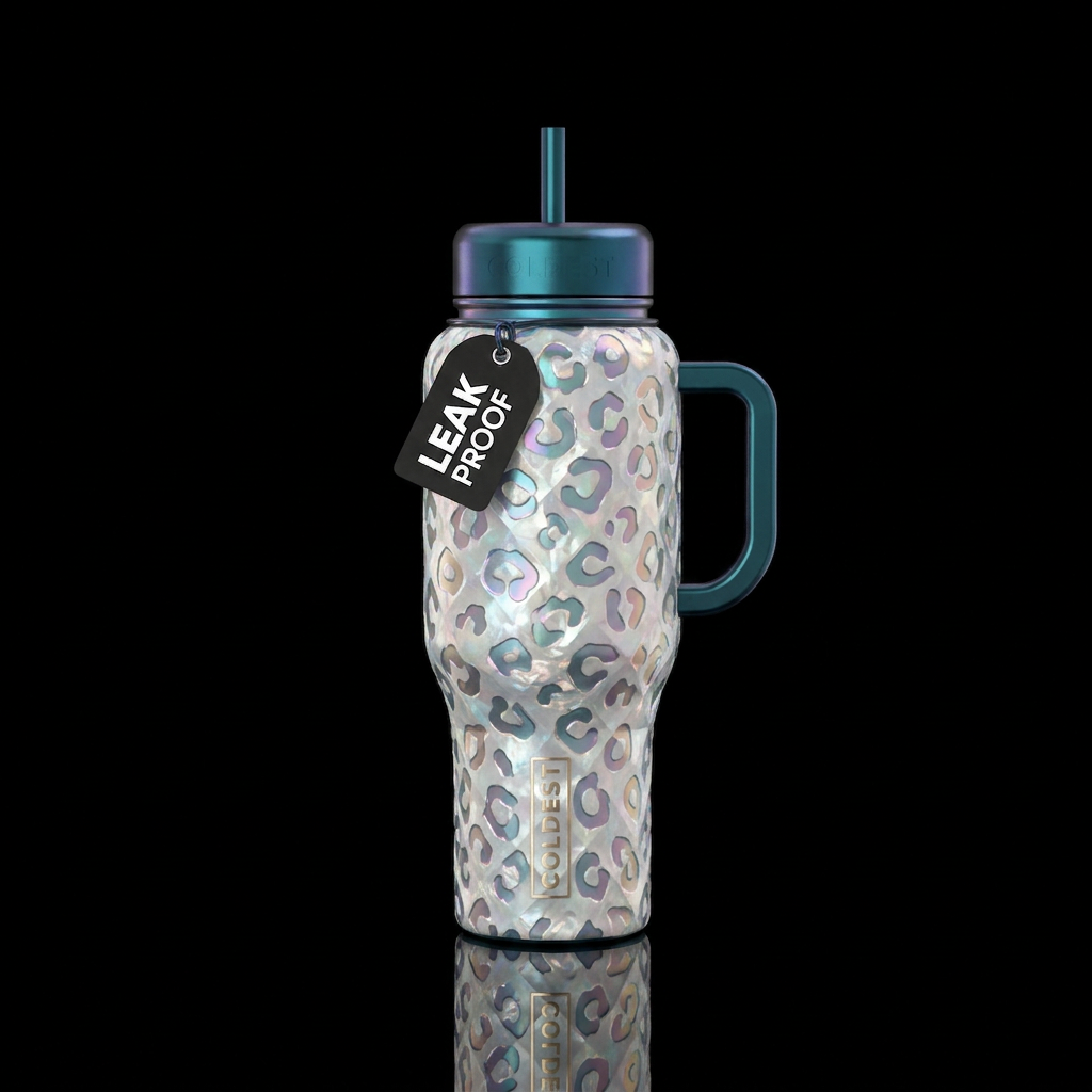 Create a mother, pearl iridescent cup all over wit... water bottle design