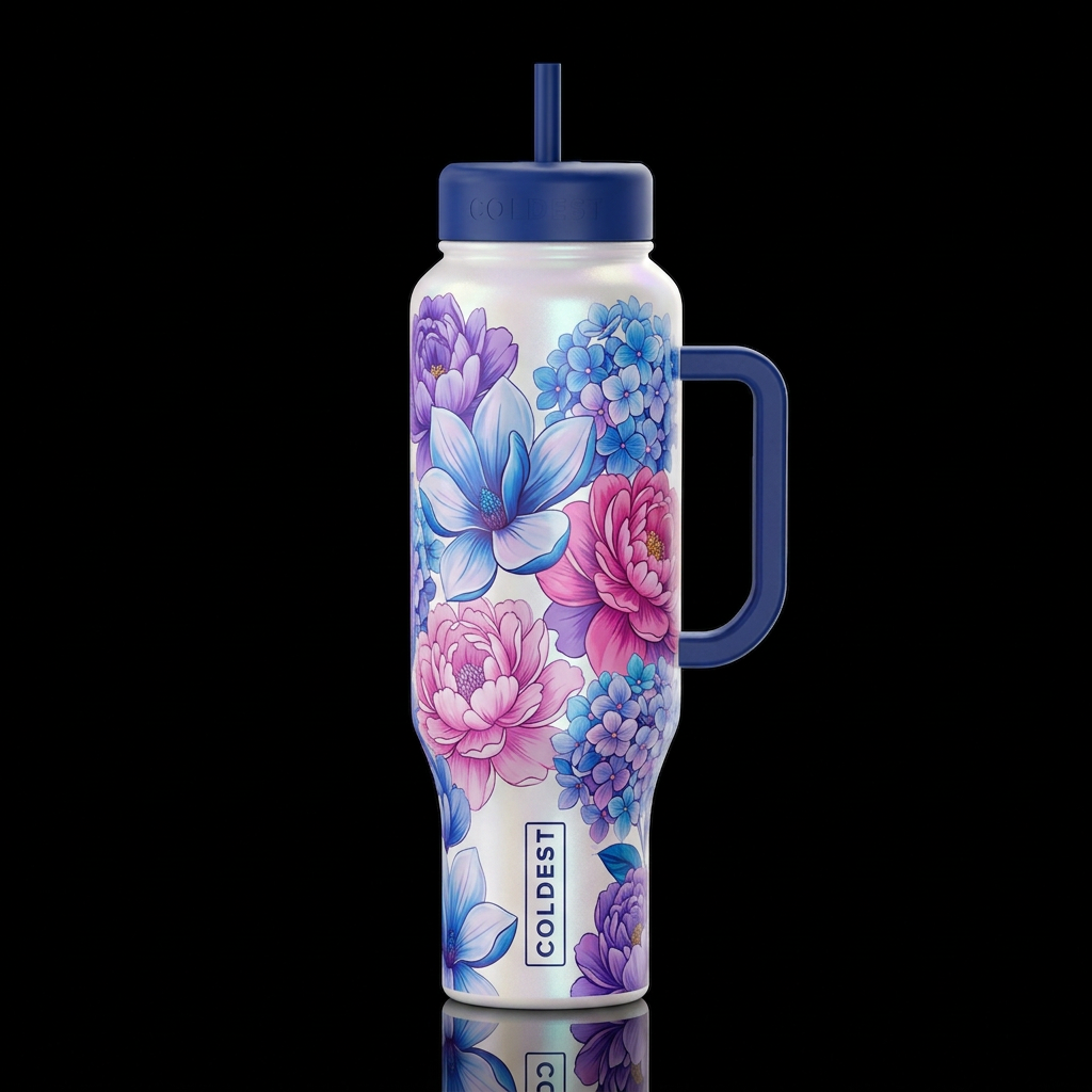 I want  WHITE pearly cup with blue, pink, purple f... water bottle design