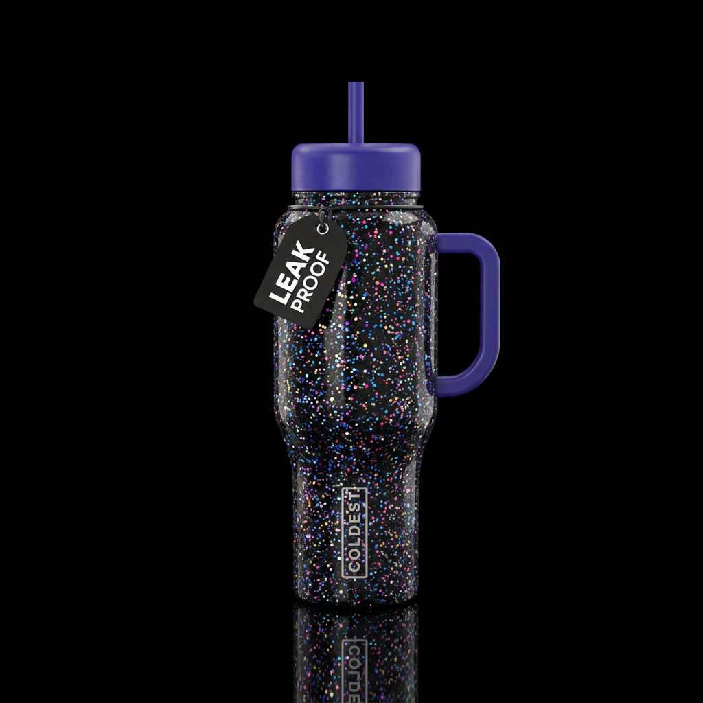All black with tiny multicolor glitter like tiny p... water bottle design